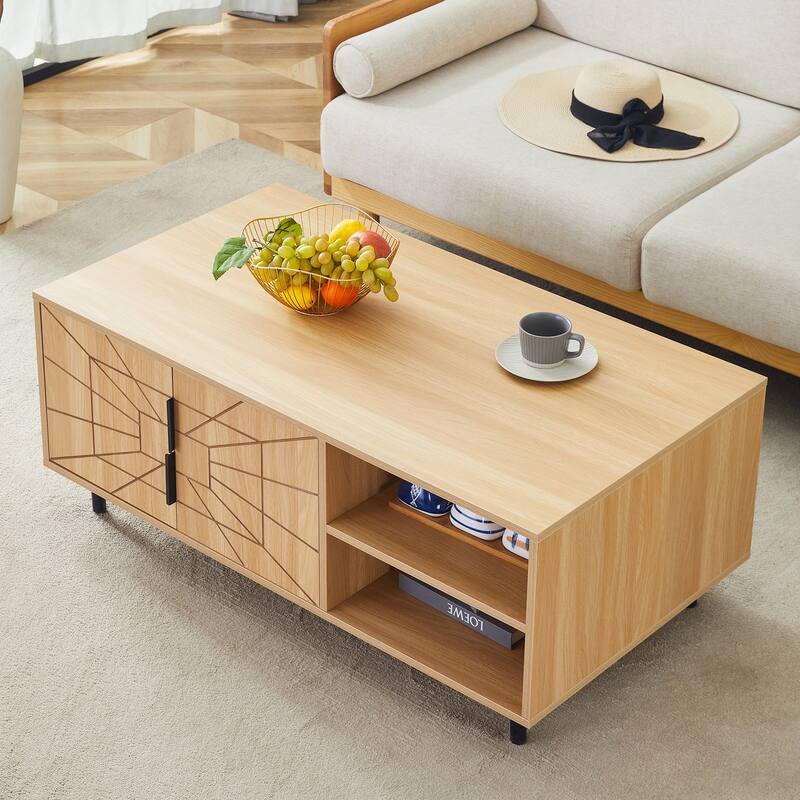 Modern Spider Web Texture Coffee Table Natural Wood Tone Geometric Art Coffee Table with Open Shelves, for Living Room