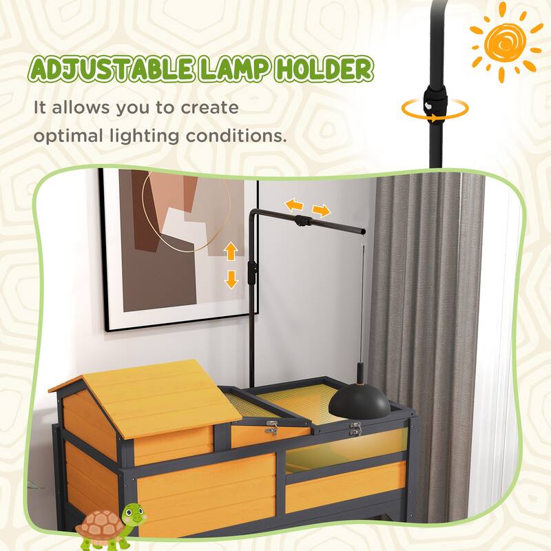 PawHut Tortoise Habitat with Adjustable Lamp Holder, 2 Layer Tortoise Enclosure with Storage Shelf, Removable Main House
