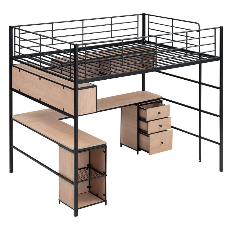 Full Size Loft Bed with Bookcase & Cabinet, Metal Loft Bed with L -shaped Built-in Desk, Metal Bed Frame for Kids, Teens, Adults