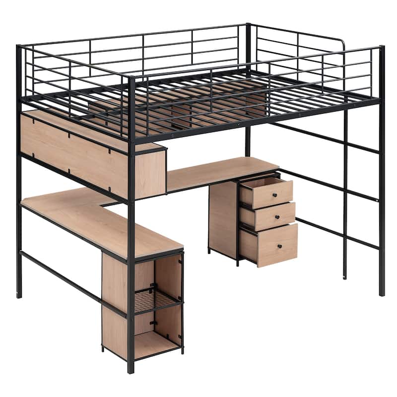 Roomfitters Full Metal Loft Bed with Integrated Desk, Built-In Bookcase and Storage Cabinet