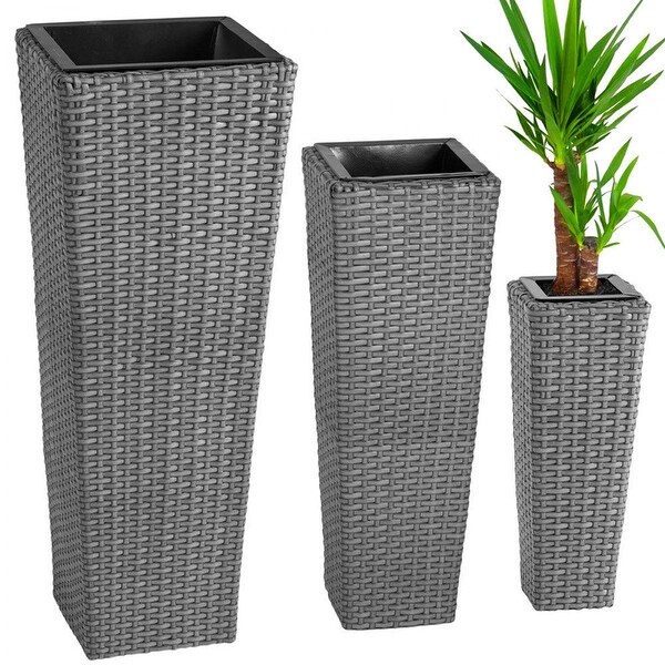 3X Rattan Garden Tube Planter Vase Flower Pots Patio Furniture Garden - Gray