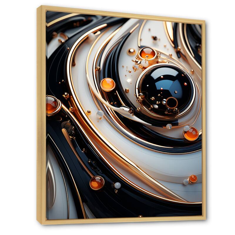 Designart "Liquid Art Gold Black And White Spheres I" Abstract Shapes Framed Wall Art Prints