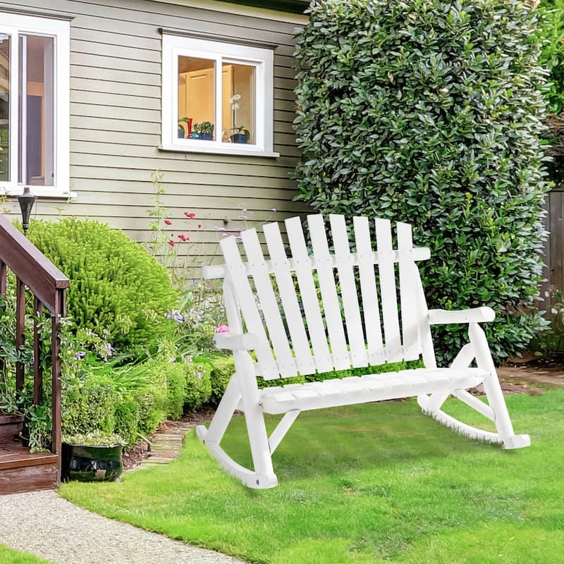 Outsunny 2-Person Wooden Adirondack Rocking with Slatted Design for Backyard, Porch, Poolside