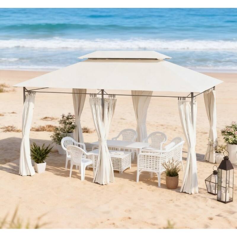 GDFStudio Outdoor Thalor Two-Tier Metal Gazebo with Curtains and Drainage - Cream White