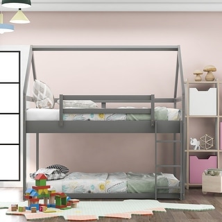 Elegant House Shape Twin over Twin Wood Bunk Bed with Guardrails and Ladder, Designed for Child Safety, Gender Neutral, Grey