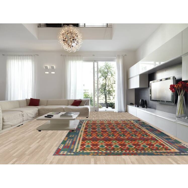 Palace Size Geometric Kilim Oriental Rug Hand-Woven Wool Carpet - 9'10"x 16'0"