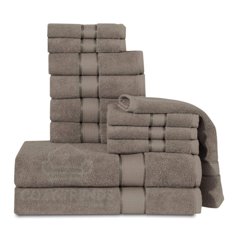 12 Piece Towel Set 600 GSM Long-Staple Combed Cotton Absorbent Bath Towels - Brown