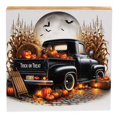 6" Square Freestanding Halloween Wood Decor Farm Truck Fall Block with Pumpkins and Full Moon - 6" H x 6" W x .75" D