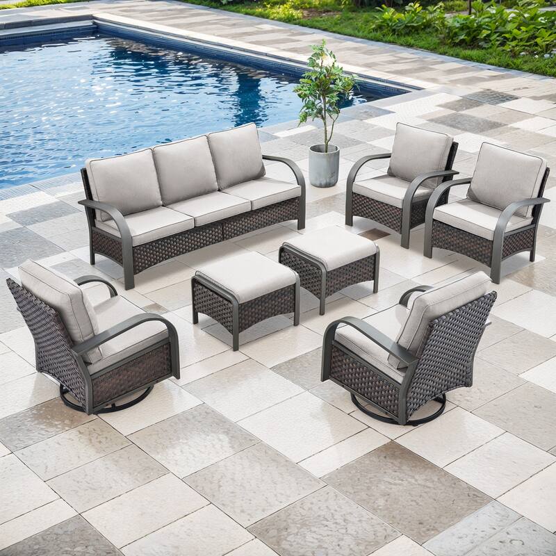 Outdoor PE Wicker Patio Furniture Set - Brown Rattan - Beige Cushion - 7PCS Sofa Chair with Ottoman
