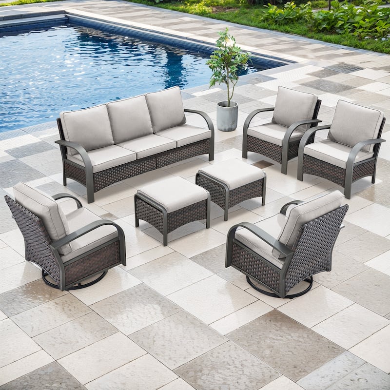 Pocassy Outdoor Patio Furniture Set - Brown Rattan - Beige Cushion - 7PCS Sofa Chair with Ottoman