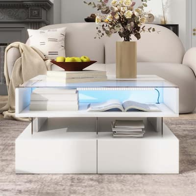 Lift-Top Coffee Table with 2 Drawers,Glass Top and High-Gloss Finish,Hidden Storage and LED Lights for Living Room