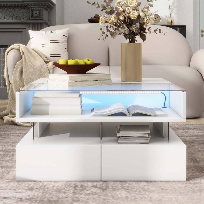 Modern Design Lift-Top Coffee Table with 2 Drawers,LED Lights for Living Room
