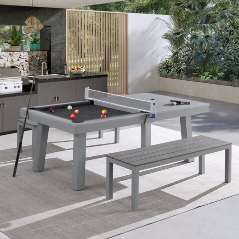 Newport Outdoor Patio 7ft Billiards Pool Table Dining Set with Accessories, Cement Finish
