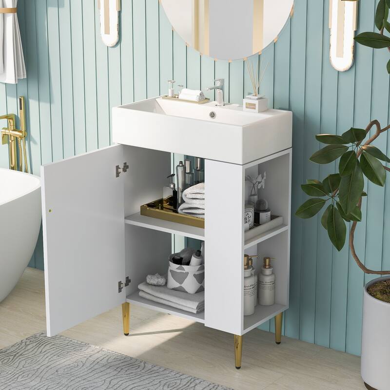 Modern 21.6" Bathroom Vanity with Ceramic Sink,Storage Cabinet with Right Side Storage
