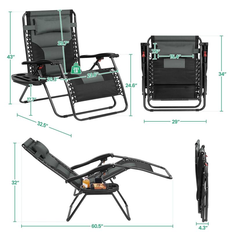 Yaheetech 29in Padded Outdoor Zero Gravity Chair Patio Lounge Camping Chair with Armrests and Pillow