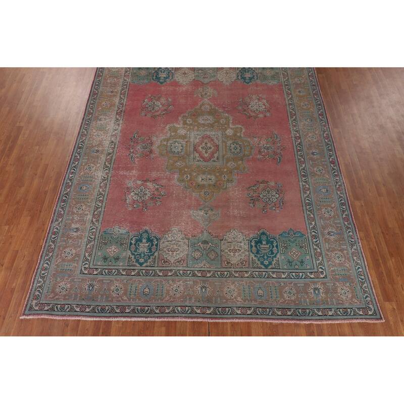 Pink Distressed Tabriz Persian Antique Rug Hand-Knotted Wool Carpet - 9'6" x 12'8"