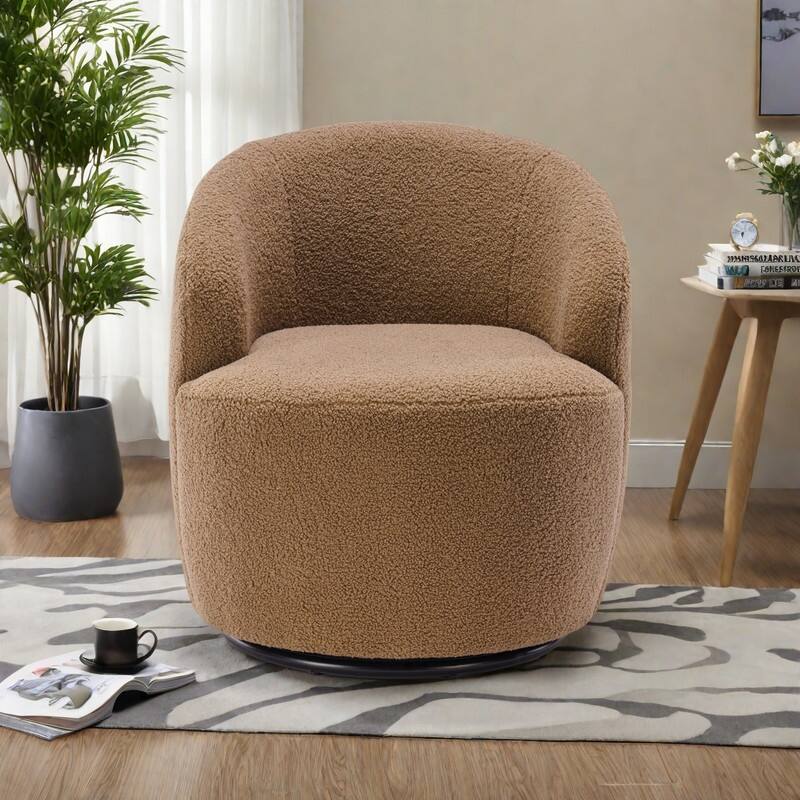 Teddy Fabric Swivel Chair Barrel Accent Chair with 360° Rotation and Metal Base - Coffee