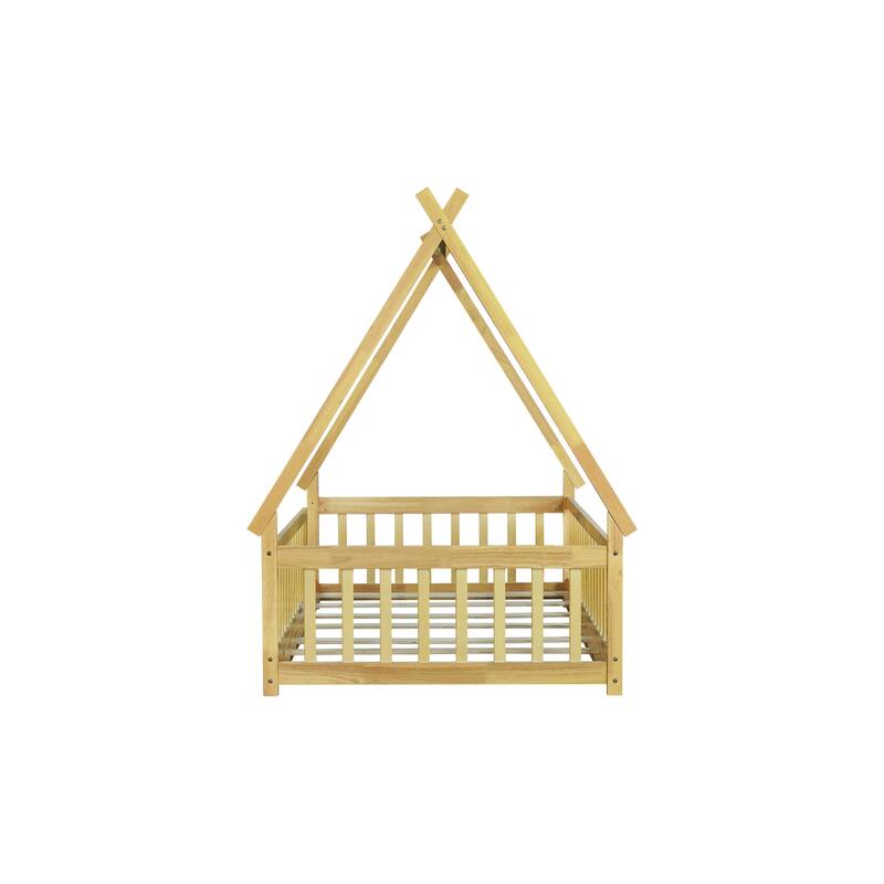 Roomfitters Twin Tent-Shaped Floor Bed with Teepee Frame, Rubber Wood Platform with Guardrails and Slats
