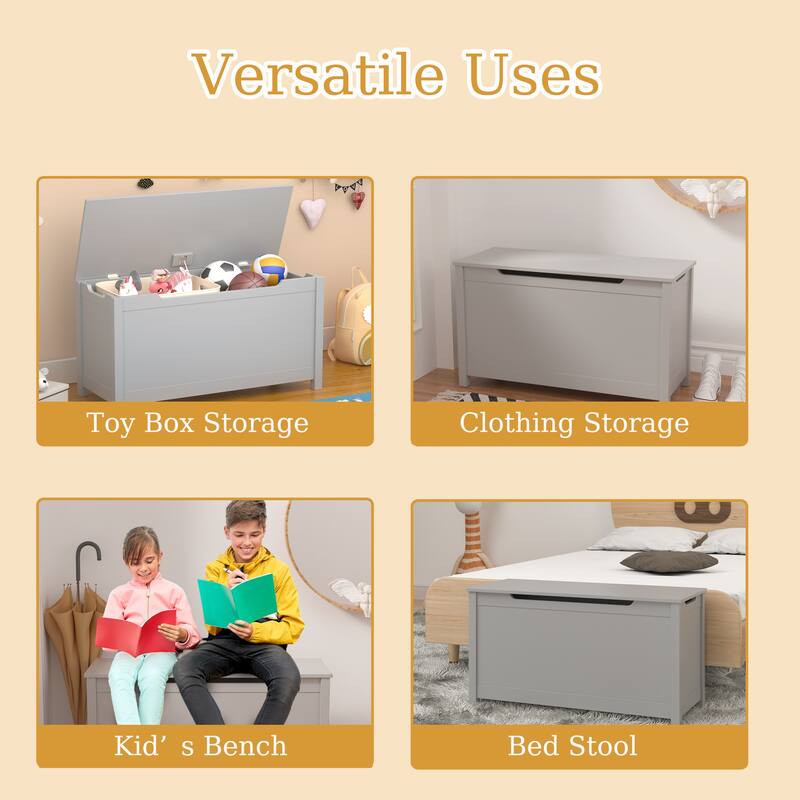 32 Inch Kids Wooden Toy Box Storage with Safety Hinged Lid