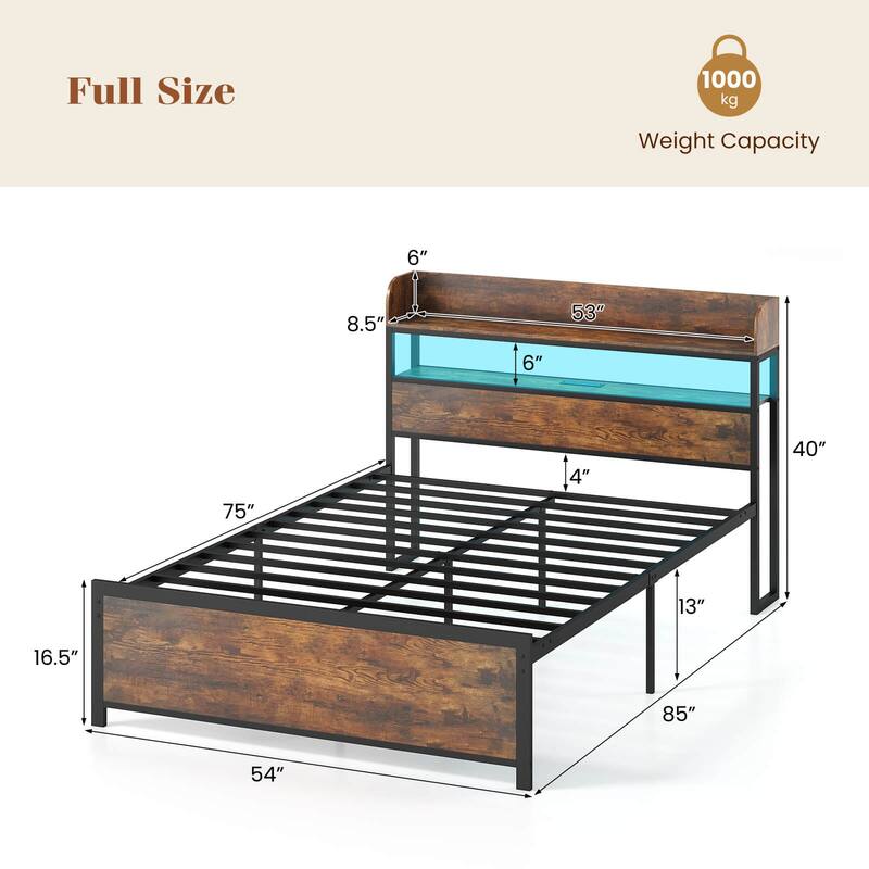 Coatway Full/Queen/King Bed Frame with LED Lights Power Outlets