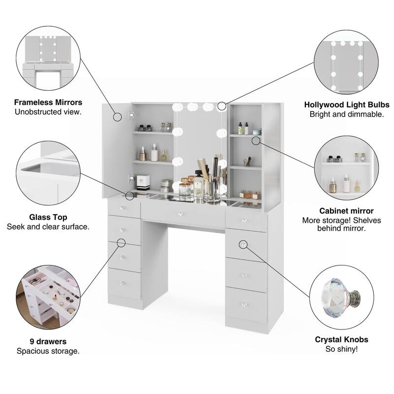 Boahaus w/Tri-Fold Lighted Makeup Vanity Desk With Glam Glass Top 9 Drawers