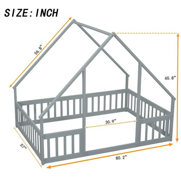 dimension image slide 0 of 3, Full Wood House-Shaped Floor Bed with Fence, Guardrails