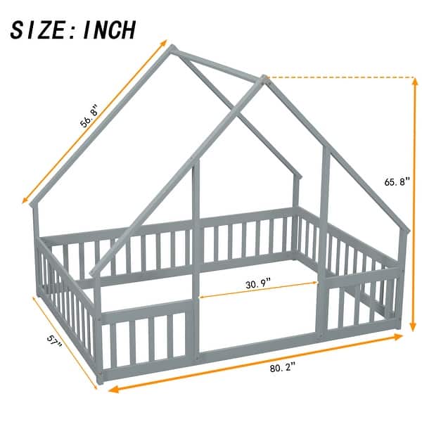 Grey Full Size Pine House-Shaped Floor Bed with Roof & Guardrails