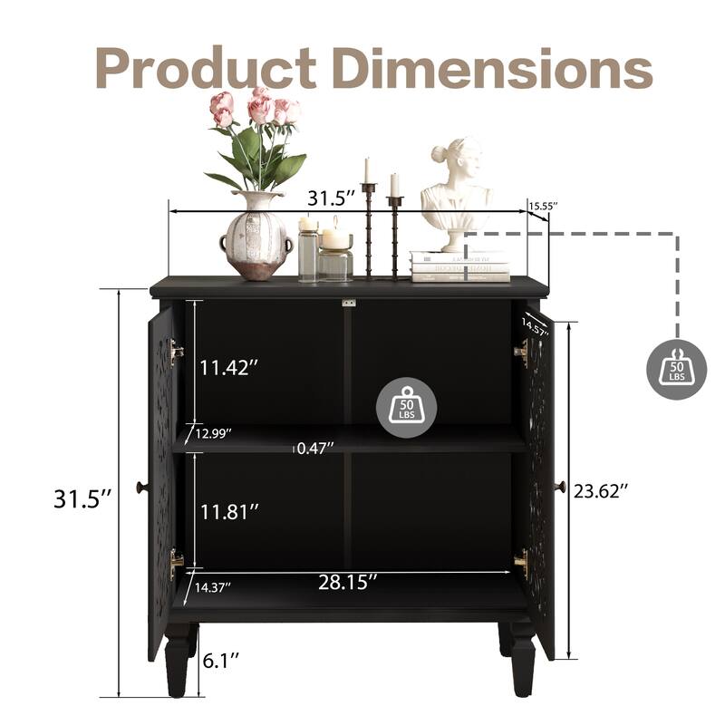Roomfitters 2-Door Hollow-Carved Accent Cabinet, Symmetrical Floral Sideboard with Adjustable Shelf