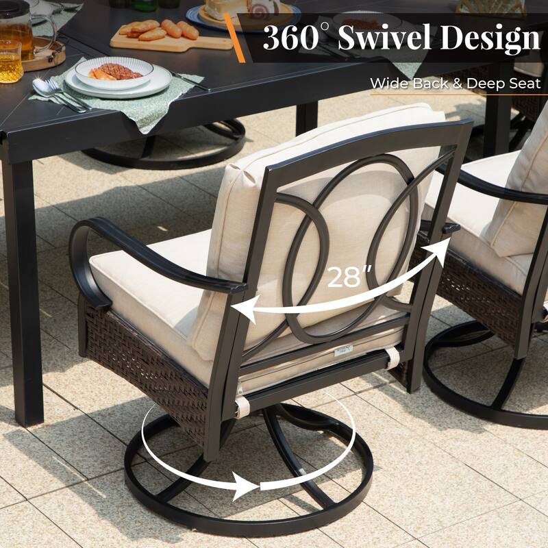7 Pieces Patio Dining Set, 60 Inch Rectangular Metal Table and Rattan Dining Chairs