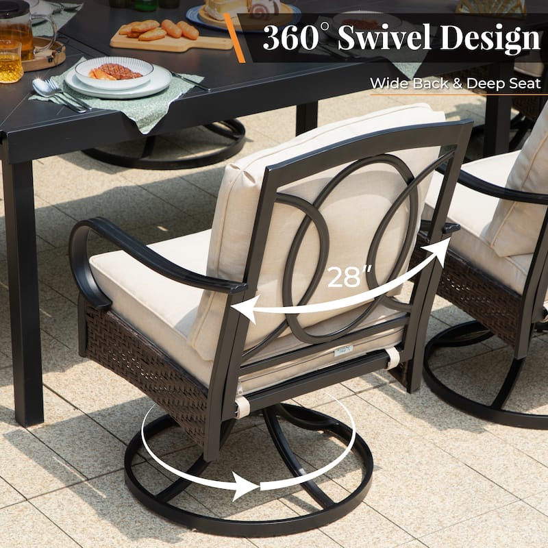 Metal Outdoor Dining Set for 8 with Square Table & Heavy-Duty Padded Fixed and Swivel Chairs, Patio Furniture Set (Beige)