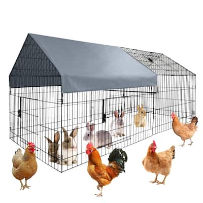 86"L x 40"W x Large Metal Chicken Coop, Metal Pet Playpen With Waterproof Cover, Outdoor Backyard Farm Pet Playpen - gray