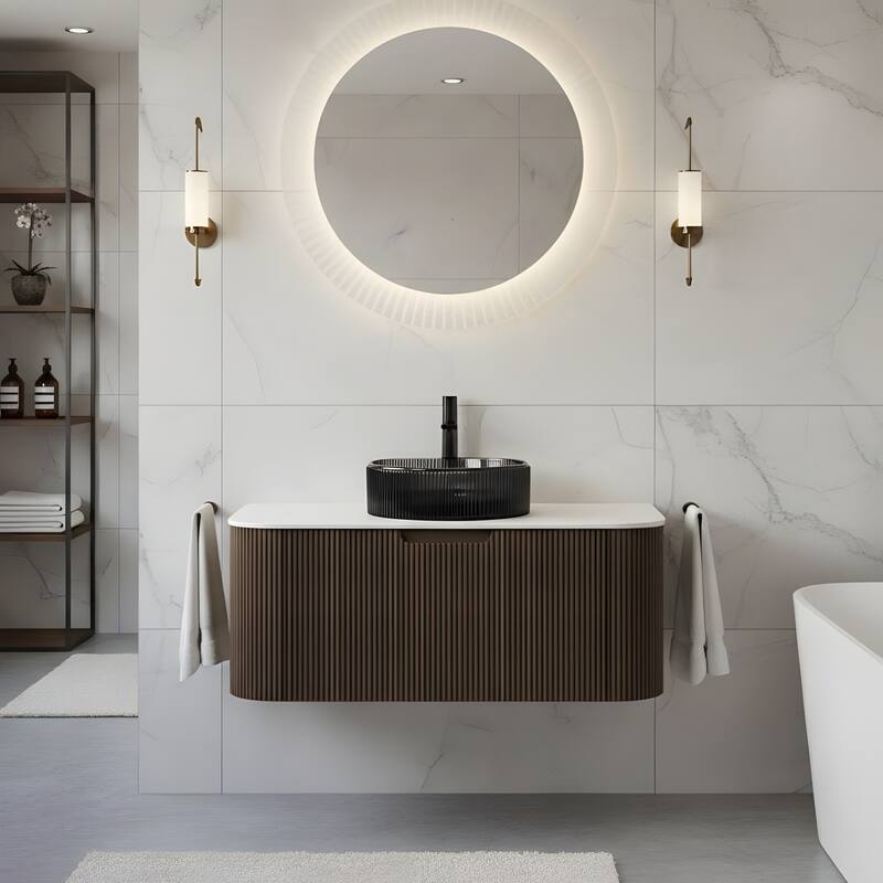 Wall Mounted Bathroom Vanity with Transparent Black Round Glass Basin - 36 - Dark Walnut