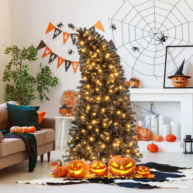 Gymax 6/7 FT Artificial Halloween Tree Pre-Lit Black Christmas Tree w/