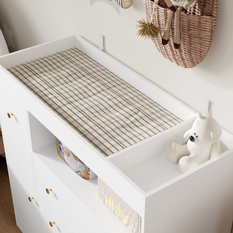 White Dresser with 4 Drawers & 1 Cabinet Double Dresser Changing Table