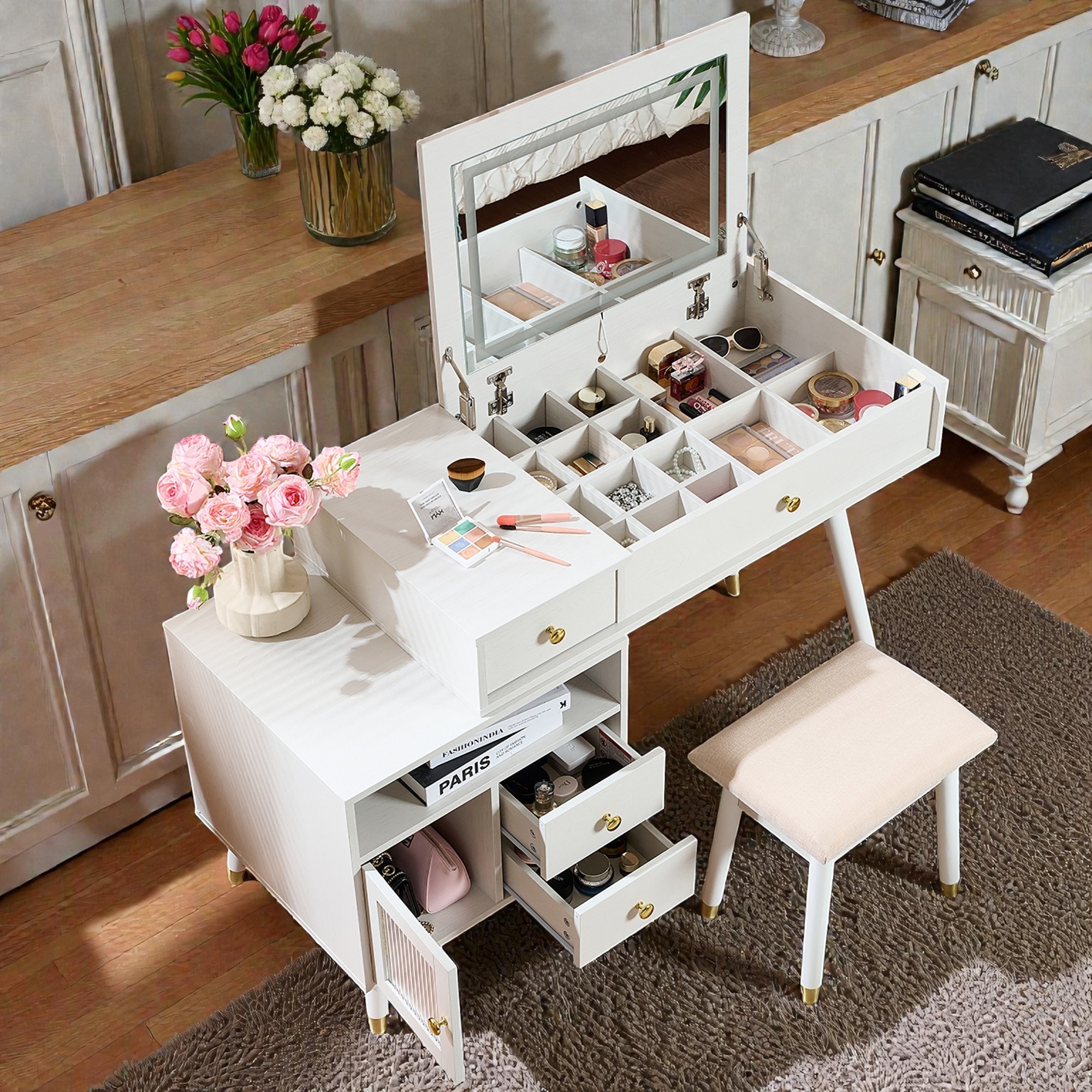 3-in-1 Vanity Desk with Lighted Flip-Top Mirror, Adjustable Side Cabinet, Makeup Dressing Table with Drawers