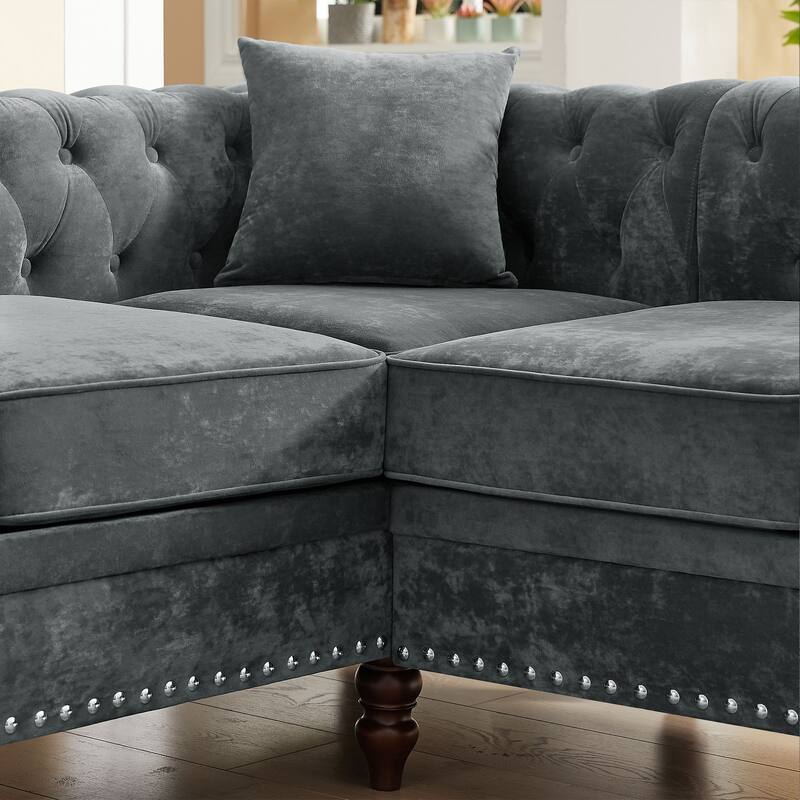80" Velvet Chesterfield L-Shaped Sofa with Tufting & Rolled Arms