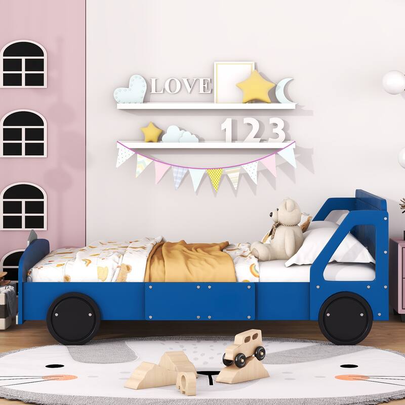 Full Size Car-Shaped Bed with Safety Rails, Sturdy Plywood and MDF Construction, No Box Spring Needed