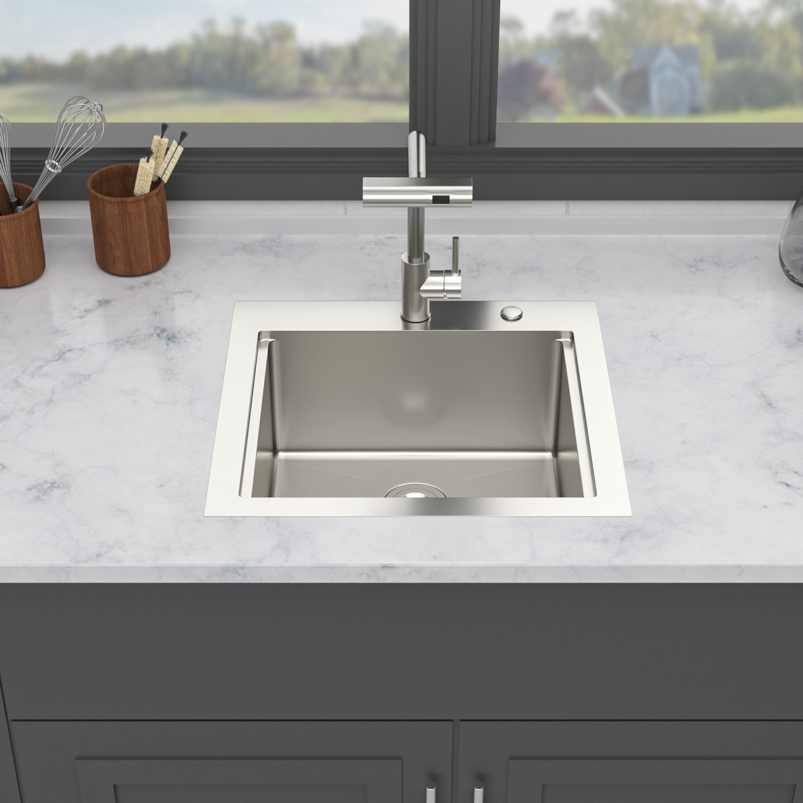 21 Inch Drop-in Single Bowl 16 Gauge Stainless Steel Kitchen Sink with Pull-Out Faucet in Brushed Nickel