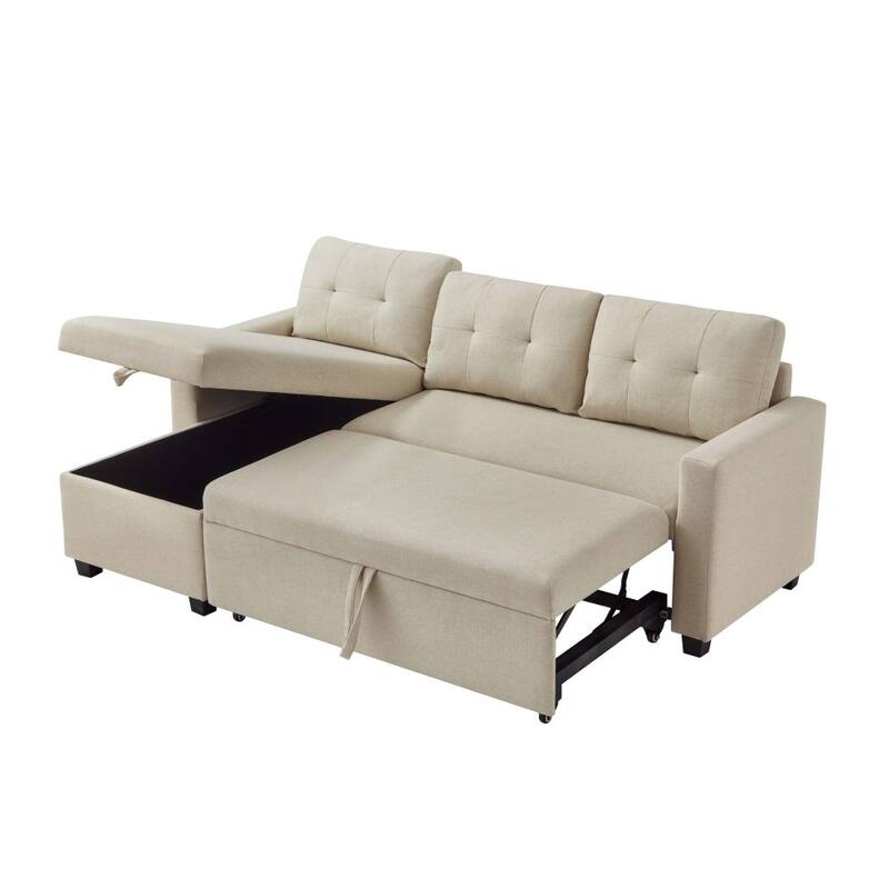 Upholstered Pull Out Sectional Sofa with Storage Chaise, Convertible Corner Couch