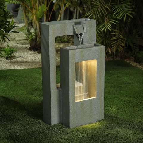 Green/Grey Patina Cement Double Column Outdoor Fountain with LED Lights