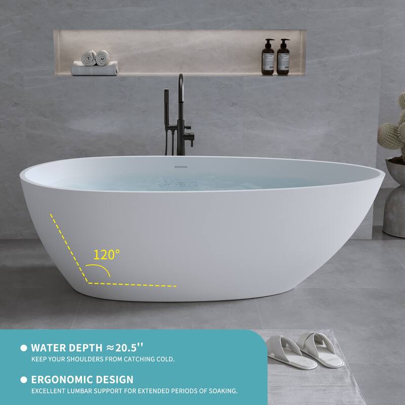 Solid Surface Freestanding Soaking Bathtub with Center Drain and Pop-up Drain, Modern Matte White Tubs with Overflow