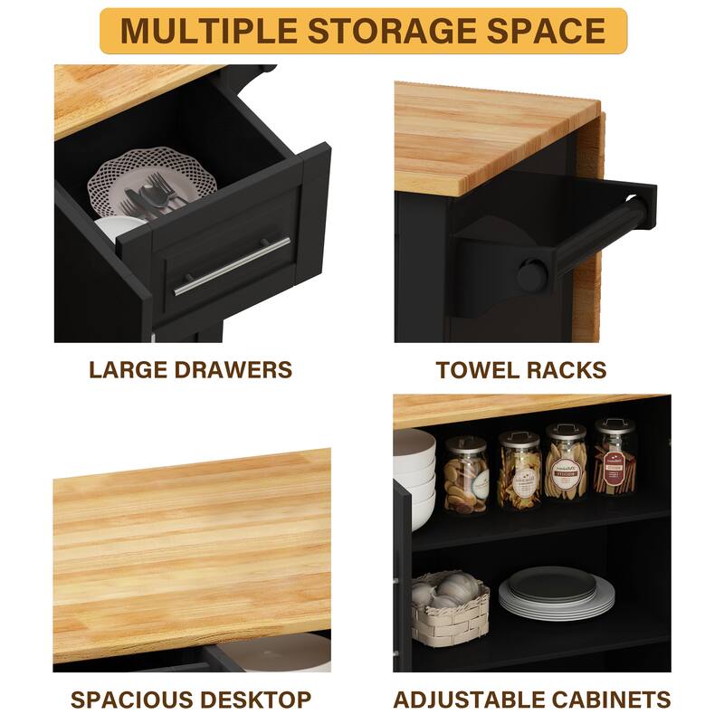 Portable Kitchen Cart, Kitchen Island on Wheels with Drop Leaf, Closed Storage Kitchen Cabinet with Spice Rack and Towel Rack