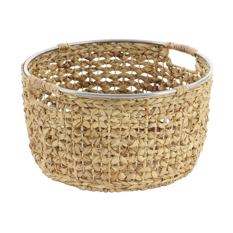 Light Brown Seagrass Handmade Decorative and Functional Storage Basket with Metal Handles (Set of 3)