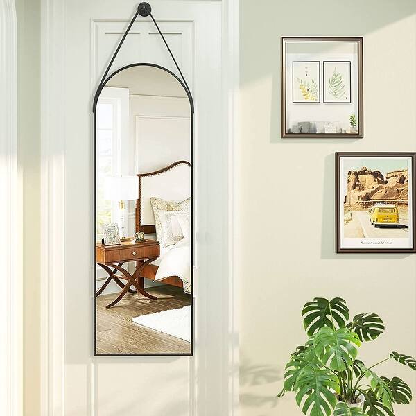 Full Length Mirror with Hanging Leather Cord,Modern Aluminum Frame Full
