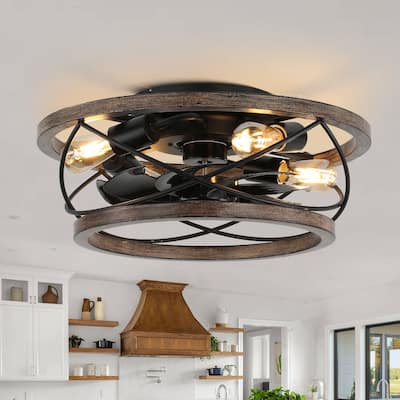 Rustic Wood Cage Ceiling Fan with Dimmable Light and Remote Control, 3-Speed Reversible Flush Mount Ceiling Fan - 15.7 Inches