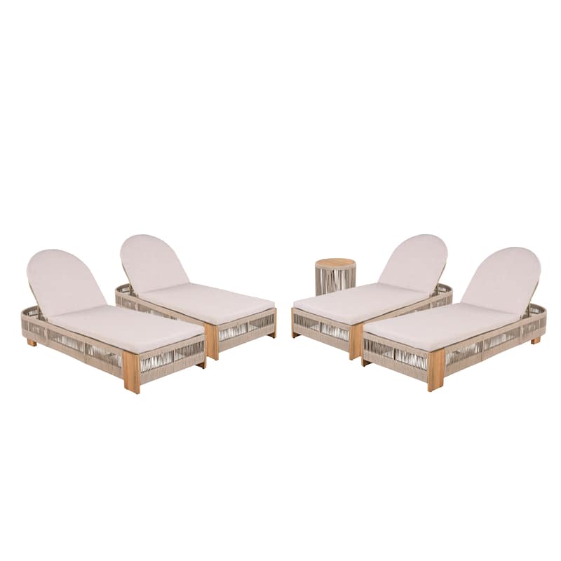 Roomfitters Outdoor Rope Chaise Lounge Set of 4, Adjustable Loungers with Teak-Look Side Table & Cushions