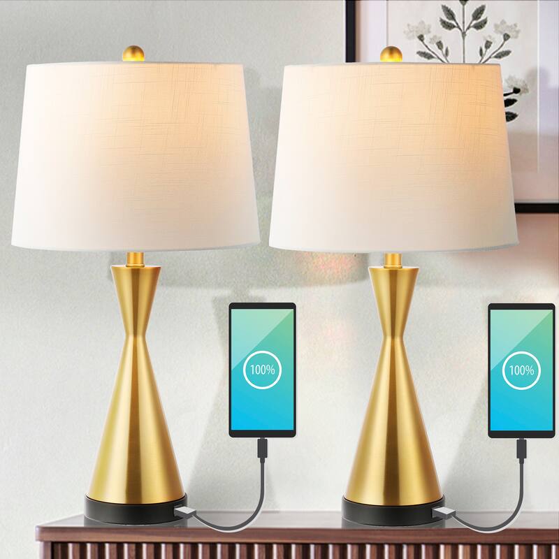 Roman 26" Classic French Country Iron LED Table Lamp with USB Charging Port, Nickel (Set of 2) by JONATHAN Y - Brass Gold