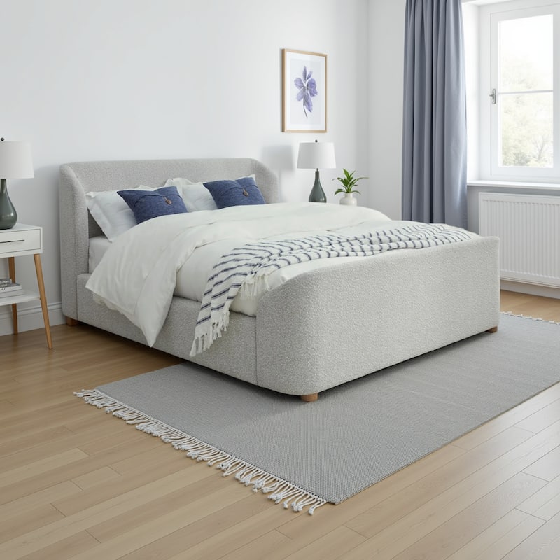 Kaven Modern King Size Platform Bed, Gray Boucle Upholstery, Wingback Panel