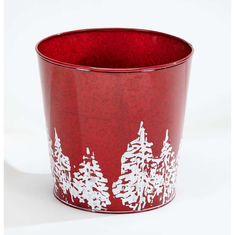 Red Galvanized Metal Christmas Planter Bucket with Tree Design, 9.25" Height, 9.5" Diameter, Set of 2 - 9.25