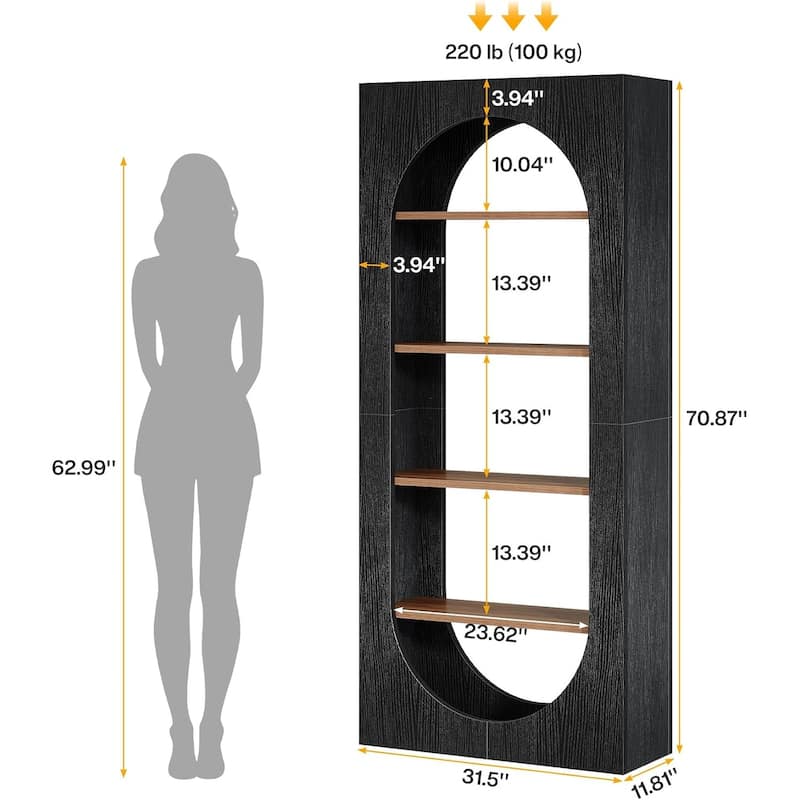 Black Arch Bookcase 5 Shelf Tall Oval Front E1 Particle Board Book Shelf Storage Organizer for Living Room Office Bedroom